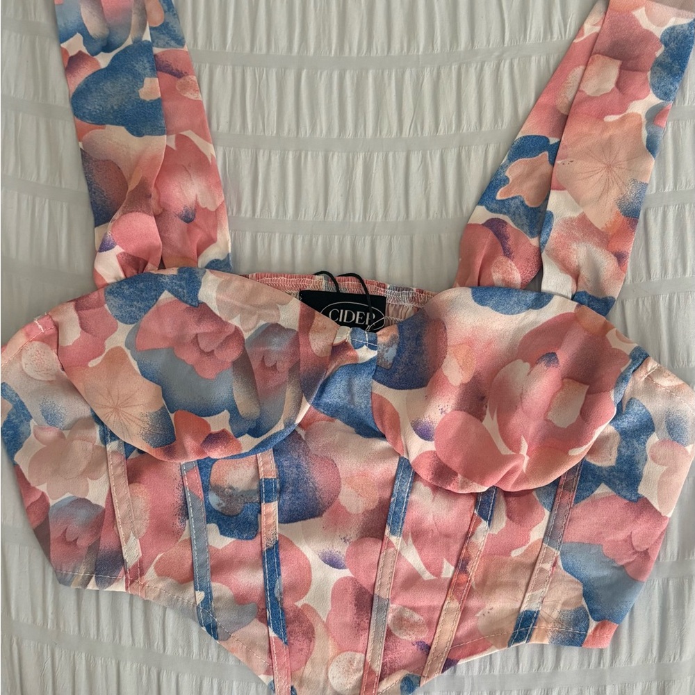 Cider Pink & Blue Floral Bustier Crop Top